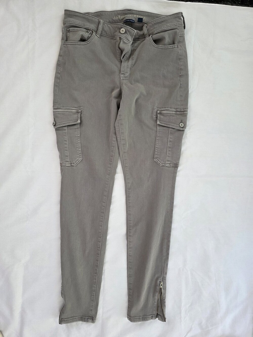 American Eagle Skinny Gray High Rise Jeggings Cargo Pants Zip Ankle 12 Long